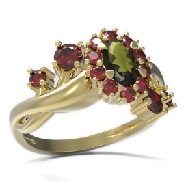 BG prsten s oválným kamenem 498-P Žluté zlato - 585 Vltavín a granát