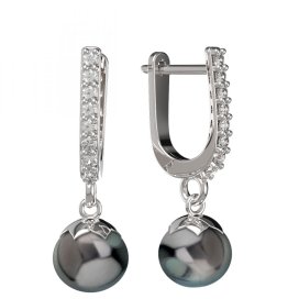 BG zlaté náušnice 561 s černou perlou Bílé zlato - 585 Kubický zirkon a tahiti perla