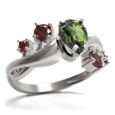 BG prsten s kapkovitým kamenem 495-P Bílé zlato - 585 Vltavín a granát