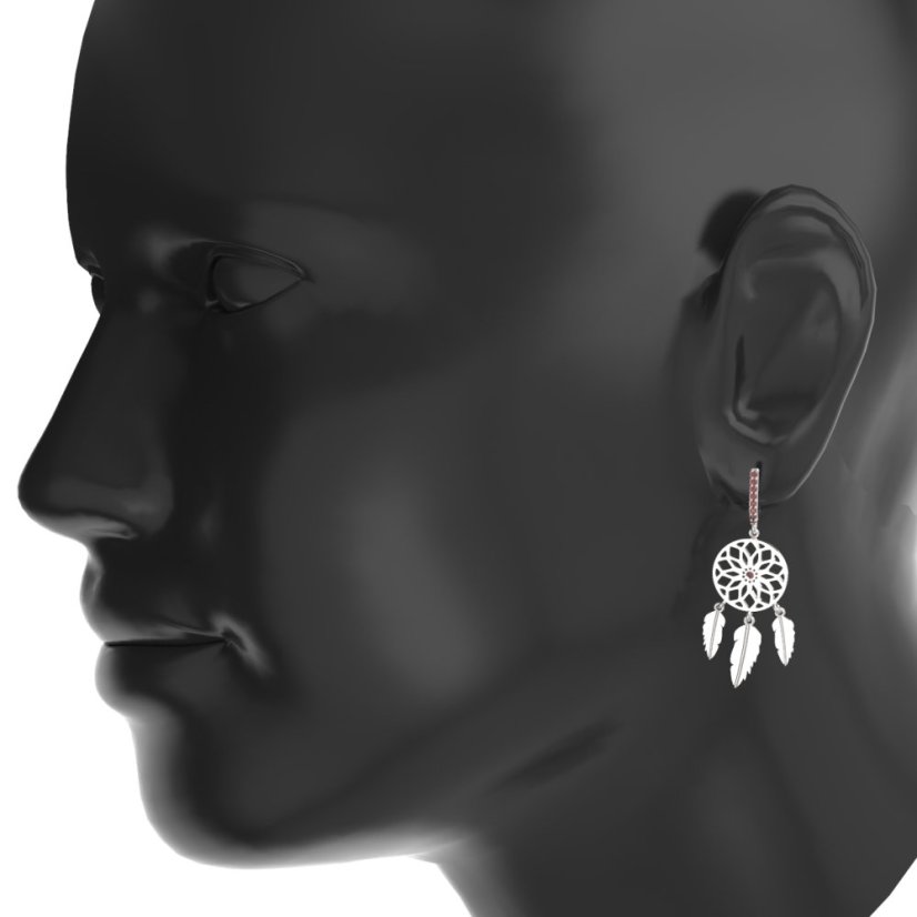 Stříbrné náušnice lapače snů  s granáty 1509, rhodium 925