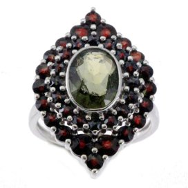 BG prsten vsazený přírodní granát  376 Bílé zlato - 585 Vltavín a granát