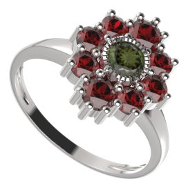 BG prsten kulatý 017-I Bílé zlato - 585 Vltavín a granát