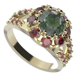 BG prsten kulatý 472-Y Žluté zlato - 585 Vltavín a granát