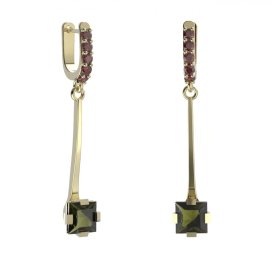 BG náušnice s centrálním čtvercovým kamenem 496-A93 Žluté zlato - 585 Vltavín a granát