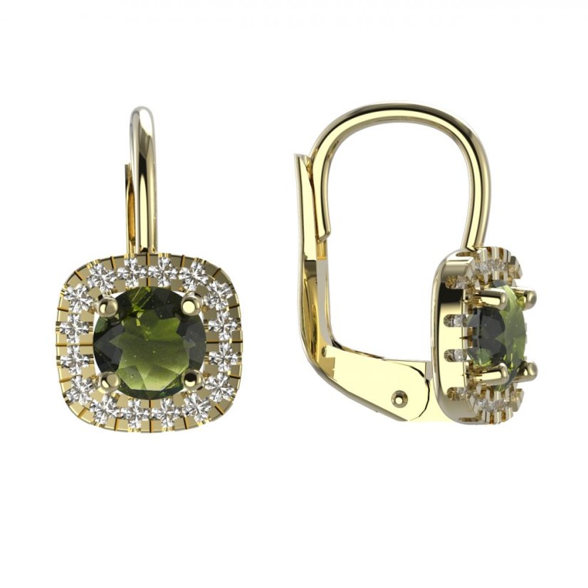 BG náušnice s přírodním granátem nebo vltavínem 1481 Žluté zlato - 585 Vltavín a diamant