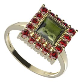 BG prsten čtvercový 099-I Žluté zlato - 585 Vltavín a granát