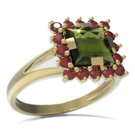 BG prsten čtvercový kámen 499-V Žluté zlato - 585 Vltavín a granát