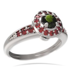 BG prsten kulatý kámen 541-J Bílé zlato - 585 Vltavín a granát
