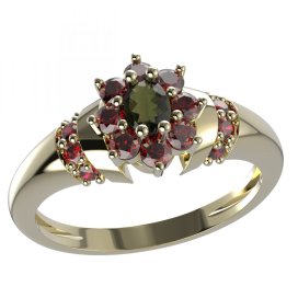 BG prsten s oválným kamenem 627-K Žluté zlato - 585 Vltavín a granát