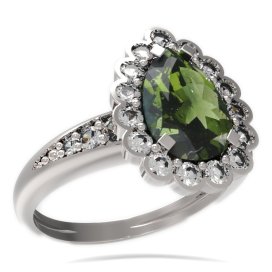 BG prsten kapkovitý kámen 519-J Stříbro 925 - rhodium Vltavín a  kubický zirkon