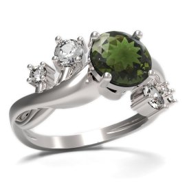 BG prsten s kulatým kamenem 474-P Stříbro 925 - rhodium Vltavín a  kubický zirkon