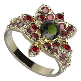 BG prsten 735-X oválného tvaru Žluté zlato - 585 Vltavín a granát