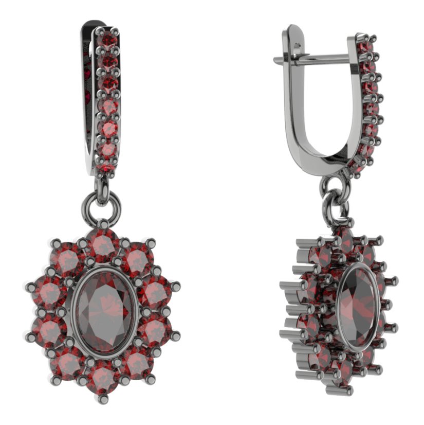 Stříbrné náušnice s českým granátem, ruthenium, visací – 018-84