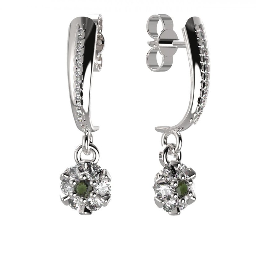 BG vltavínové náušnice 879 Bílé zlato - 585 Vltavín a  kubický zirkon