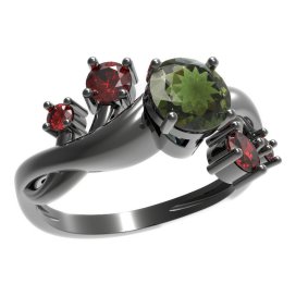 BG prsten s kulatým kamenem 473-P Stříbro 925 - ruthenium (30-90dní) Vltavín a granát