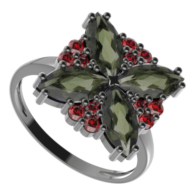 BG prsten solitérní 408-I Stříbro 925 - ruthenium (30-90dní) Vltavín a granát