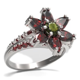 BG prsten ve tvaru hvězdym 520-G Stříbro 925 - rhodium Vltavín a granát