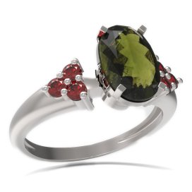 BG prsten s oválným kamenem 492-U Bílé zlato - 585 Vltavín a granát
