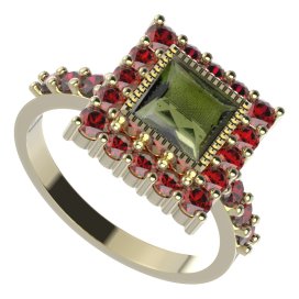 BG prsten 099-Z čtvercového tvaru Žluté zlato - 585 Vltavín a granát
