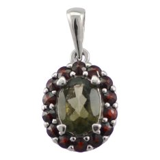 BG přívěs přírodní broušený granát   728 Stříbro 925 - rhodium Vltavín a granát