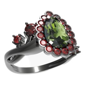 BG prsten s kapkovitým kamenem 519-P Stříbro 925 - ruthenium (30-90dní) Vltavín a granát