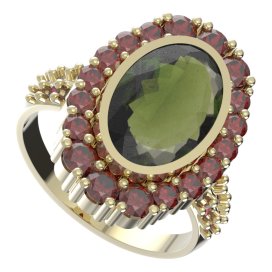 BG prsten 523-X oválného tvaru Žluté zlato - 585 Vltavín a granát