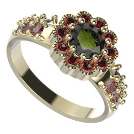 BG prsten 149-X kulatého tvaru Žluté zlato - 585 Vltavín a granát