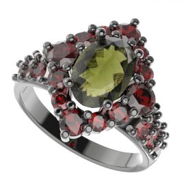 BG prsten oválný 466-X Stříbro 925 - ruthenium (30-90dní) Vltavín a granát