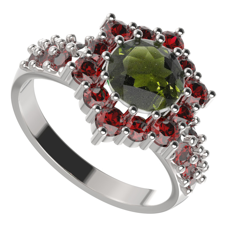 BG prsten 230-X kulatého tvaru Bílé zlato - 585 Vltavín a granát