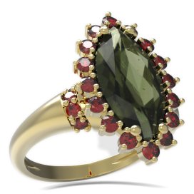 BG prsten oválný kámen 513-K Žluté zlato - 585 Vltavín a granát