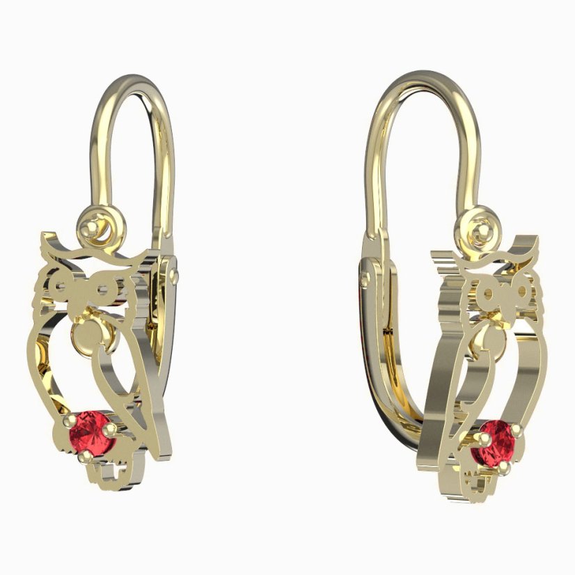 BeKid dětské náušnice sovička 1185 Žluté zlato - 585 Červený kubický zirkon