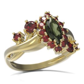 BG prsten s oválným kamenem 504-P Žluté zlato - 585 Vltavín a granát