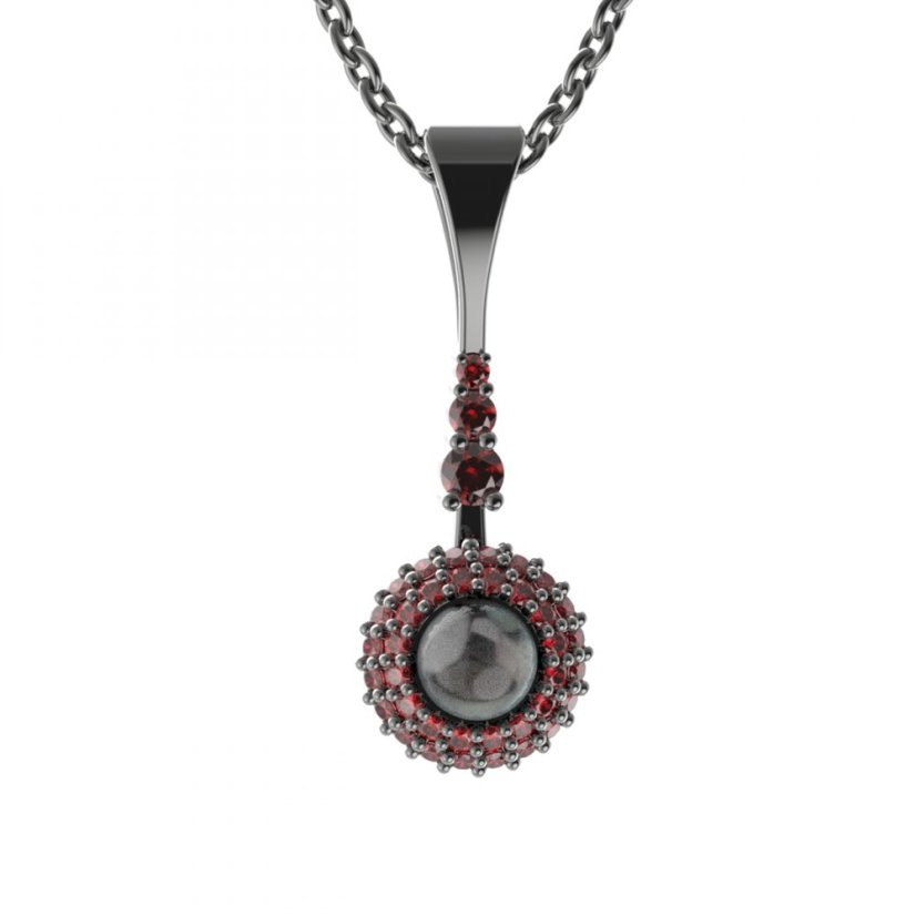 Stříbrný přívěsek s černou perlou a českým granátem, ruthenium – 540-B