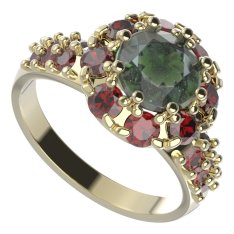 BG prsten 472-X kulatého tvaru Žluté zlato - 585 Vltavín a granát