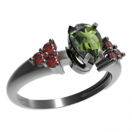 BG prsten s kapkovitým kamenem 495-U - Kov: Stříbro 925 - rhodium, Kámen: Vltavín a granát
