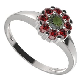 BG prsten kulatý 088-I Bílé zlato - 585 Vltavín a granát