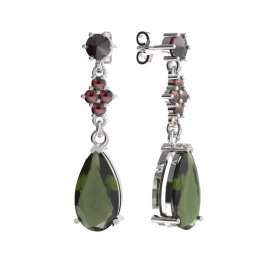 BG kapkovitého tvaru náušnice 427 Bílé zlato - 585 Vltavín a granát