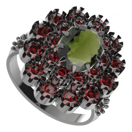 BG prsten 280-X oválného tvaru - Kov: Stříbro 925 - rhodium, Kámen: Vltavín a granát