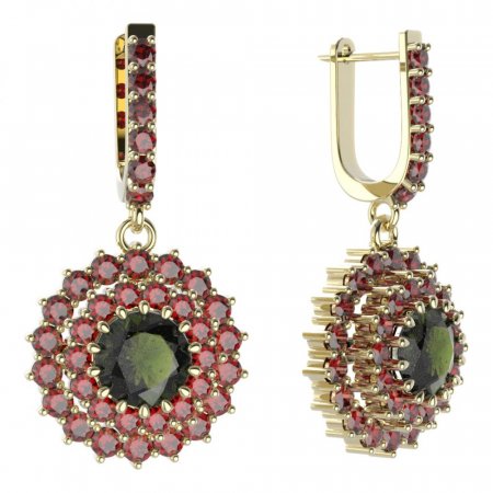 BG circular earring 457-94 - Metal: Yellow gold 585, Stone: Moldavit and garnet