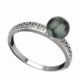BG zlatý prstýnek s perlou 561 E Bílé zlato - 585 Kubický zirkon a tahiti perla