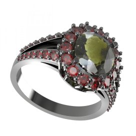 BG prsten s oválným kamenem 977 Stříbro 925 - ruthenium (30-90dní) Vltavín a granát