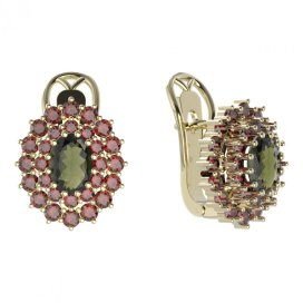 BG  náušnice 001-R7 oválné Žluté zlato - 585 Vltavín a granát