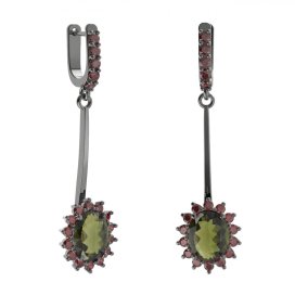 BG náušnice s centrálním oválným kamenem 516-A93 Stříbro 925 - ruthenium (30-90dní) Vltavín a granát