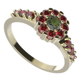 BG prsten 088-Z kulatého tvaru Žluté zlato - 585 Vltavín a granát