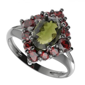 BG prsten oválný 466-V Stříbro 925 - ruthenium (30-90dní) Vltavín a granát
