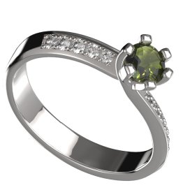 BG zlatý prstýnek granátový, vltavínový 1124 /zásnubní-snubní/ Bílé zlato - 585 Vltavín a  kubický zirkon