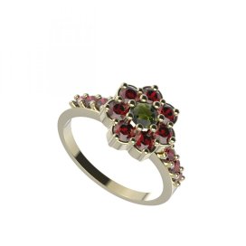 BG prsten 456-Z kulatého tvaru Žluté zlato - 585 Vltavín a granát