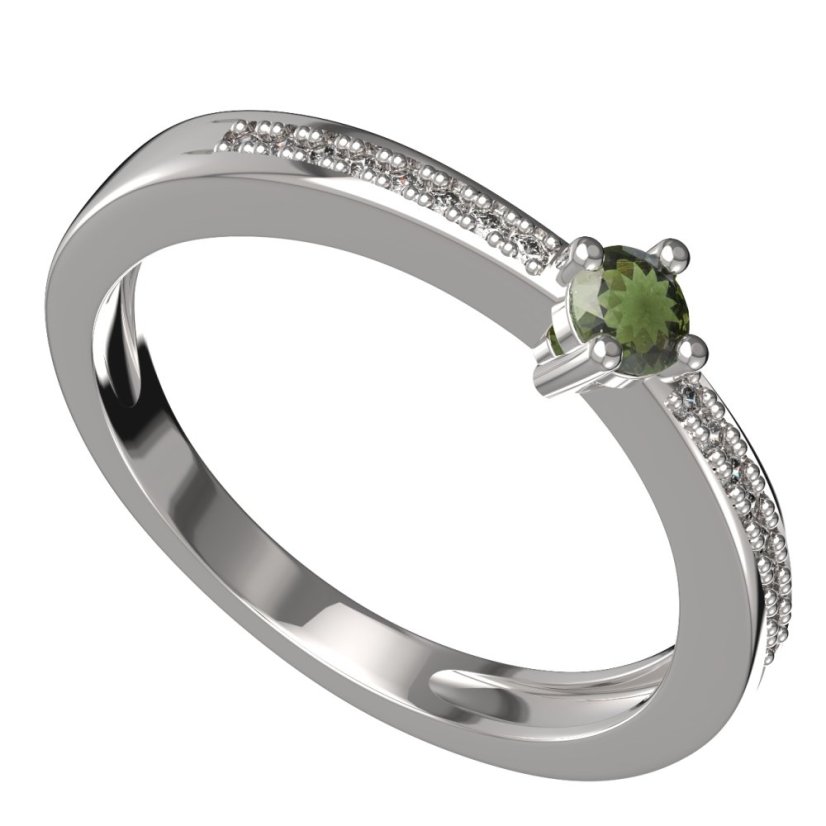 BG zlatý granátový, vltavínový  prstýnek 1441 Bílé zlato - 585 Vltavín a diamant