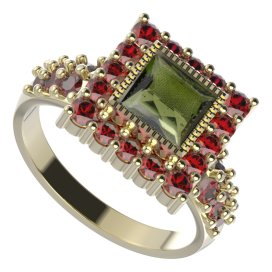 BG prsten 099-X čtvercového tvaru Žluté zlato - 585 Vltavín a granát