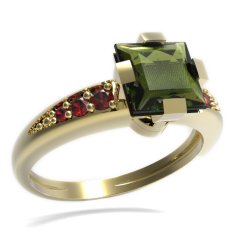 BG prsten s čtvercovým kamenem 496-J Žluté zlato - 585 Vltavín a granát